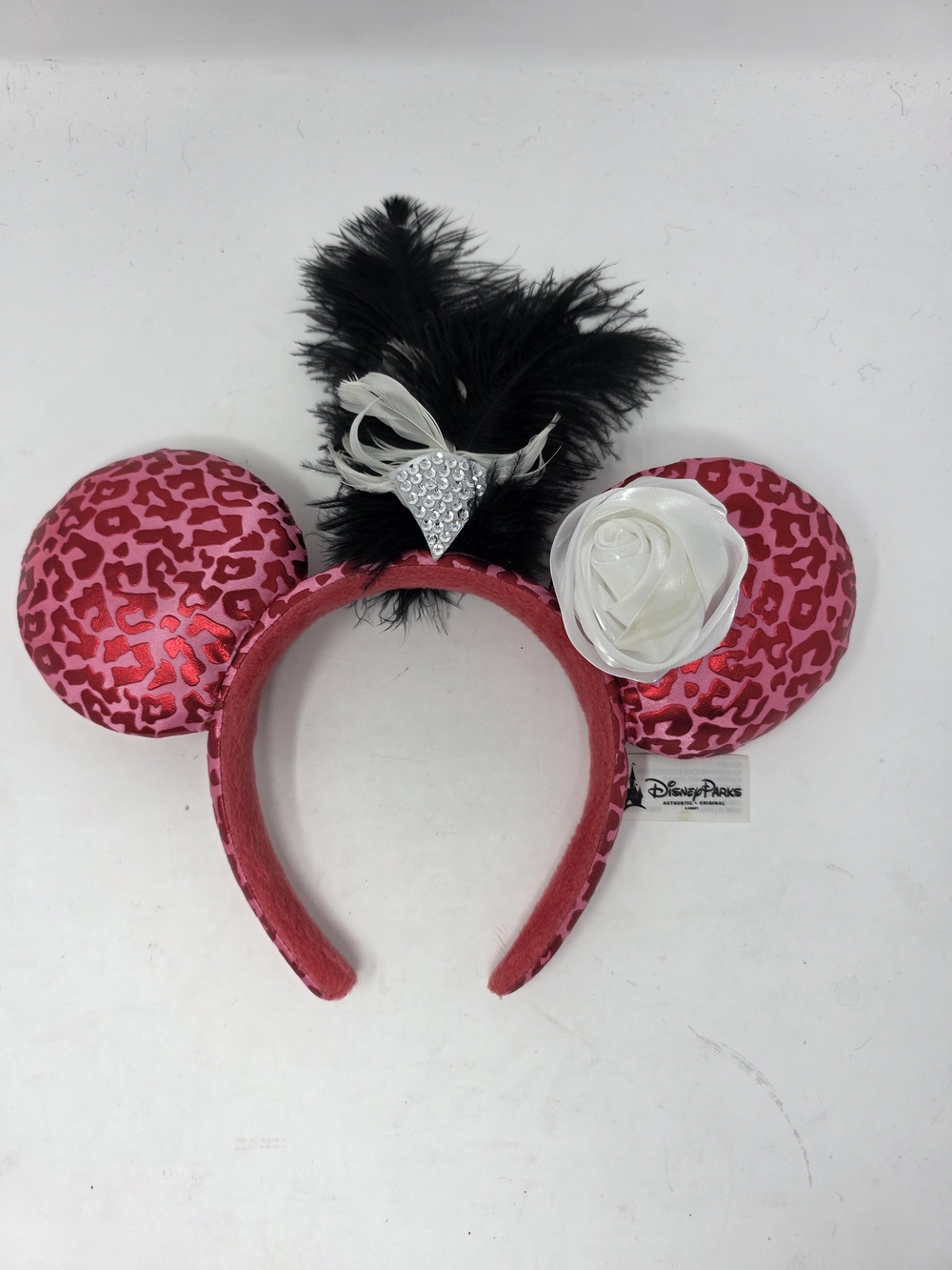 Disneyland Paris Pink Leopard Minnie Mouse Ears Feather Plume Rose Headband